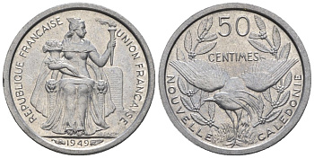 Французская Новая Каледония 50 сантим 1949 птица кагу, заморские территории KM 1 алюминий  aUNC  4609-934