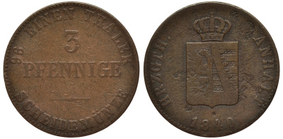 Ангальт-Бернбург 3 пфеннига 1840 Александр Карл (1834-1863) KM 92 медь 65-136