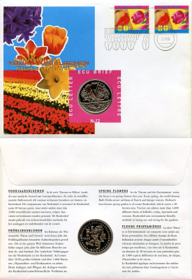 Нидерланды 1 экю 1996 Весенние цветы, в оригинальном конверте, с марками, первый день гашения X 212 медно-никель BU 4-3-8-32