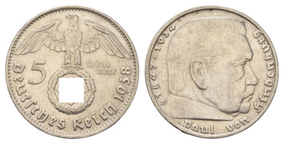 Германия 5 рейхсмарок 1938 F, Пауль фон Гинденбург (1847-1934) KM 94, J. 367 серебро 1518-1611