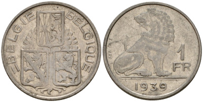 Бельгия 1 франк 1939 Belgie - Belgique KM 120 никель 4603-1255