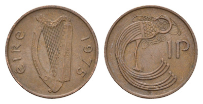 Ирландия 1 пенни 1975 мифологическая птица лира KM 20 бронза 4687-923