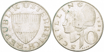 Австрия 10 шиллингов 1958 KM 2882 серебро 3457-813