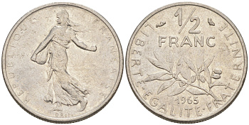 Франция 1/2 франка 1965 сеятель KM 931, Le Franc 198.3 никель 55-156