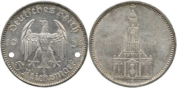 ГЕРМАНИЯ 5 РЕЙХСМАРОК 1934 E, КИРХА KM 83, J. 357 серебро 1515-1641