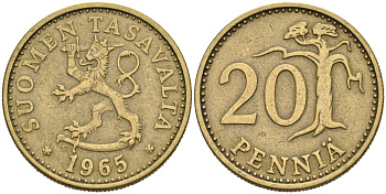 Финляндия 20 пенни 1965 S KM 47 алюминиевая бронза 4563-311