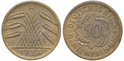 Германия 50 рентенпфеннигов 1924 A J. 310, KM 34 алюминиевая бронза 4513-1257