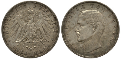 Бавария 3 марки 1909 Отто (1886-1913) Weege 45, J. 47, KM 515 серебро 3711-1922