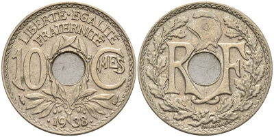 Франция 10 сантимов 1938 KM 866a, Le Franc 138.3 медно-никель 4143-1045
