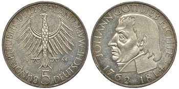 ФРГ 5 марок 1964 J, 150 лет со дня смерти Иоганна Готлиба Фихте J. 393, KM 118.1 серебро aUNC 3896-1225