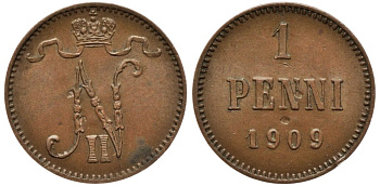 Россия для Финляндии 1 пенни 1909 Николай II (1894-1917) KM 13, Биткин 470 медь 53-545