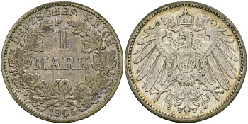 Германия 1 марка 1905 A Weege 18, J. 17, KM 14 серебро aUNC 65-157