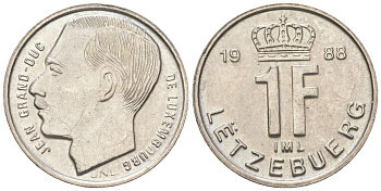 Люксембург 1 франк 1988 KM 63 сталь плакированная никелем UNC 4617-1227