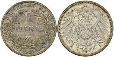 Германия 1 марка 1905 A Weege 18, J. 17, KM 14 серебро aUNC 65-157