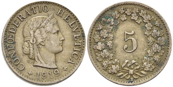 Швейцария 5 раппенов 1919 В KM 26 медно-никель 3955-1133