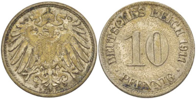 ГЕРМАНИЯ 10 ПФЕННИГОВ 1911 D KM 12, J. 13, Weege 8 медно-никель 212-154