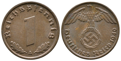 ГЕРМАНИЯ 1 РЕЙХСПФЕННИГ 1940 A KM 89, J. 361 бронза 71-1565