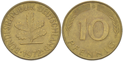 ФРГ 10 ПФЕННИГОВ 1972 G KM 108, J. 383 сталь плакированная латунью 4182-827