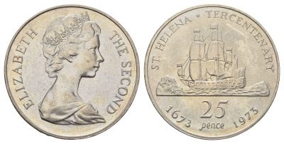 Остров Святой Елены 25 пенсов 1973 300 лет восстановлению британского владения островом KM 5 медно-никель BU 11-171-21