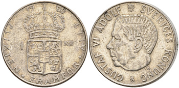 Швеция 1 крона 1960 TS, Густав VI Адольф (1950-1973) KM 826 серебро 4150-112