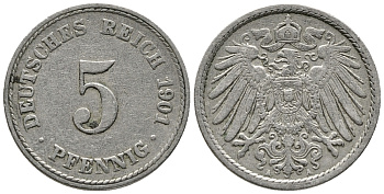 ГЕРМАНИЯ 5 ПФЕННИГОВ 1901 A KM 11, J. 12 медно-никель 39-751