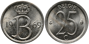 Бельгия 25 сантимов 1969 Belgie, Бодуэн I (1951-1993) KM 154.1 медно-никель 99-356