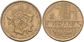 Франция 10 франков 1975 тип Матье KM 940, Le Franc 365.5-6 никель латунь  4153-457