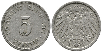 ГЕРМАНИЯ 5 ПФЕННИГОВ 1901 A KM 11, J. 12 медно-никель 39-751