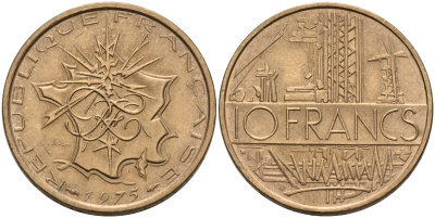 Франция 10 франков 1975 тип Матье KM 940, Le Franc 365.5-6 никель латунь  4153-457