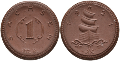 Саксония 1 марка 1921 парусник J. N 55 фарфор 1094-3-41