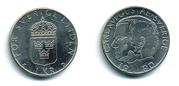 Швеция 1 крона 1990 Карл XVI Густав (1973- ) KM 852a медно-никель 37-1014