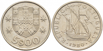 ПОРТУГАЛИЯ 5 ЭСКУДО 1980 ПАРУСНИК KM 591 медно-никель UNC 3457-712