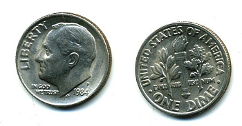 США 10 ЦЕНТОВ = 1 ДАЙМ 1984 P, РУЗВЕЛЬТ KM 195а медь плакированная медно-никелем 46-2422