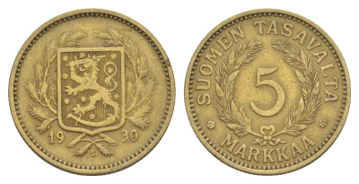 Финляндия 5 марок 1930 S, редкий год, тираж 592.000 KM 31 алюминиевая бронза 4648-617