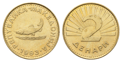 Македония 2 денара 1993 KM 3 латунь UNC 4688-835