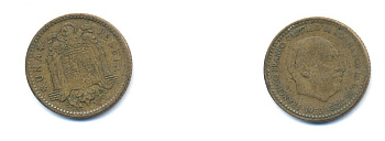 ИСПАНИЯ 1 ПЕСЕТА 1963 ФРАНЦИСКО ФРАНКО ДИКТАТОР ИСПАНИИ (1939-1975) KM 775 алюминиевая бронза 54-349