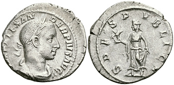 Римская Империя денарий 232 Александр Север SPES PVBLICA Спея, персонификация Надежды Рим Good Very fine RIC 254 серебро 00-00-00