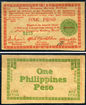 Филиппины 1 песо 1944 валютный сертификат казначейства, серия G1 Pick S672 бумага UNC (пресс) 7548-73-1-2