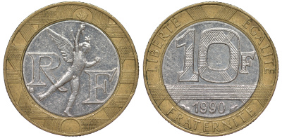Франция 10 франков 1990 тип Гений Бастилии KM 964.1, Le Frank 375.5 биметалл 45-714