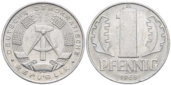 ГДР 1 ПФЕННИГ 1968 А KM 8.1 алюминий 100-939