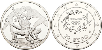 Греция 10 евро 2004 XXVIII летние Олимпийские игры 2004 года в Афинах, борьба KM 203 серебро PROOF 1066-11-11
