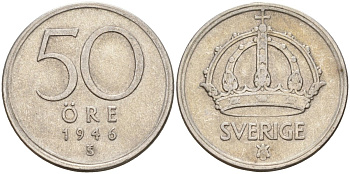 Швеция 50 эре 1946 TS, Густав V (1907-1950) KM 817 серебро 4148-853