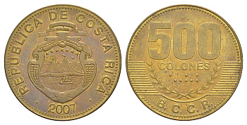 Коста-Рика 500 колонов 2007 KM 239.1a сталь плакированная латунью UNC 4645-342