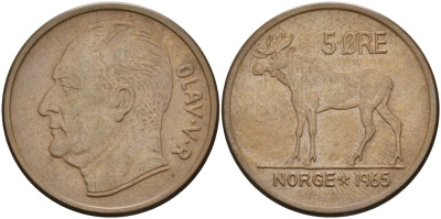 Норвегия 5 эре 1965 лось, Улаф V (1958-1991) KM 405 бронза 4557-1235