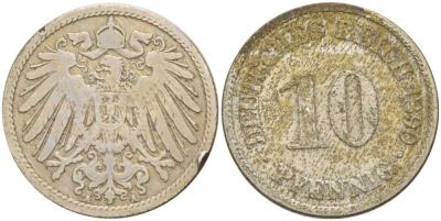 ГЕРМАНИЯ 10 ПФЕННИГОВ 1890 A KM 12, J. 13, Weege 8 медно-никель 261-1237