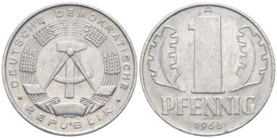 ГДР 1 ПФЕННИГ 1968 А KM 8.1 алюминий 100-939