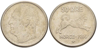 Норвегия 50 эре 1966 Улаф V (1957-1991), собака KM 408 медно-никель 213-713