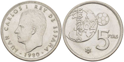 Испания 5 песет 1980 (80), Хуан Карлос, чемпионат мира по футболу в Испании 1982 года KM 817 медно-никель 4390-1042