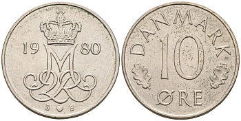 Дания 10 эре 1980 Маргрете II (1972-2024) KM 860.2 медно-никель 4580-315