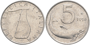 Италия 5 лир 1998 R, дельфин KM 92 алюминий  UNC  4594-669